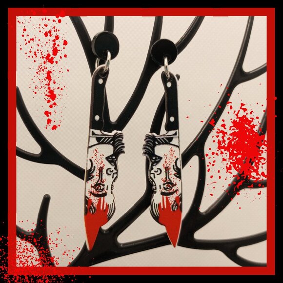 Noir Girl on Bloody Dagger Earrings Goth Emo Vampire - Picture 1 of 2